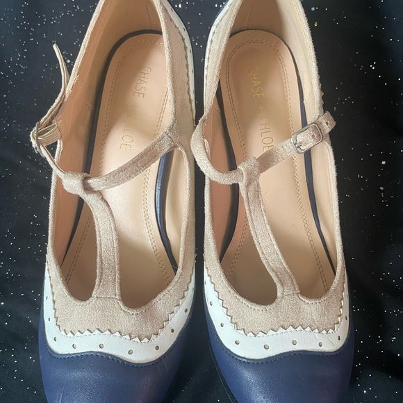 Elegant Women's T-Strap Shoes - Blue and Cream - Picture 2 of 4
